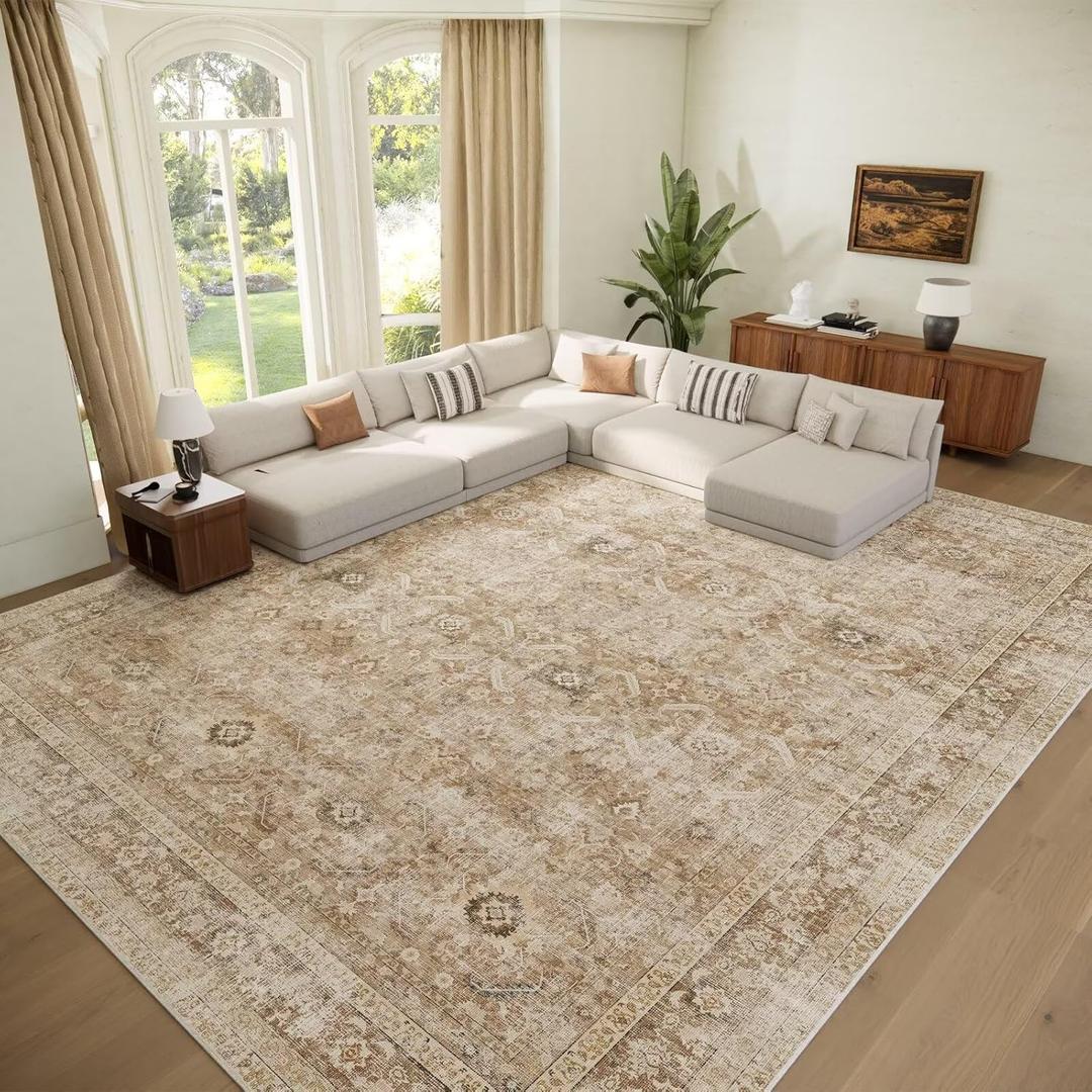 Washable 9x12 Area Rugs for Living Room, Boho Non-Slip Vintage Distress Lager Rugs for Bedroom Dining Room Nursery Office, 0.3" Neutral Oriental Throw Thin Carpet, Brown/White/Multi