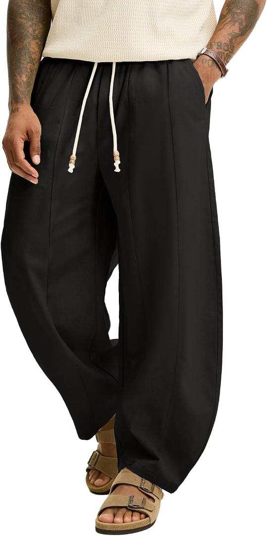 JEMLDL Men's Baggy Cotton Linen Pants Pleated Barrel Leg Trousers Drawstring Summer Beach Casual Pants (Black, XXXL)