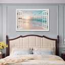 Beach Wall Art Picture for Living Room - Ocean Canvas Art Print for Bedroom - White Fake Window Frame Style Wall Decor Sunset - Seascape Painting for Bathroom Office Home Decoration 24x36inch