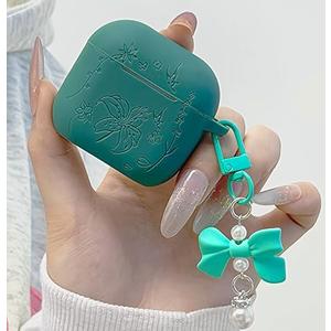 for Airpods 4 Case Cover with Bow Keychain, DamonLight Cute Flower Floral Engraved Silicone Protective Case Cover Compatible with Apple Airpods 4 Case 2024 for Women and Girls, Green