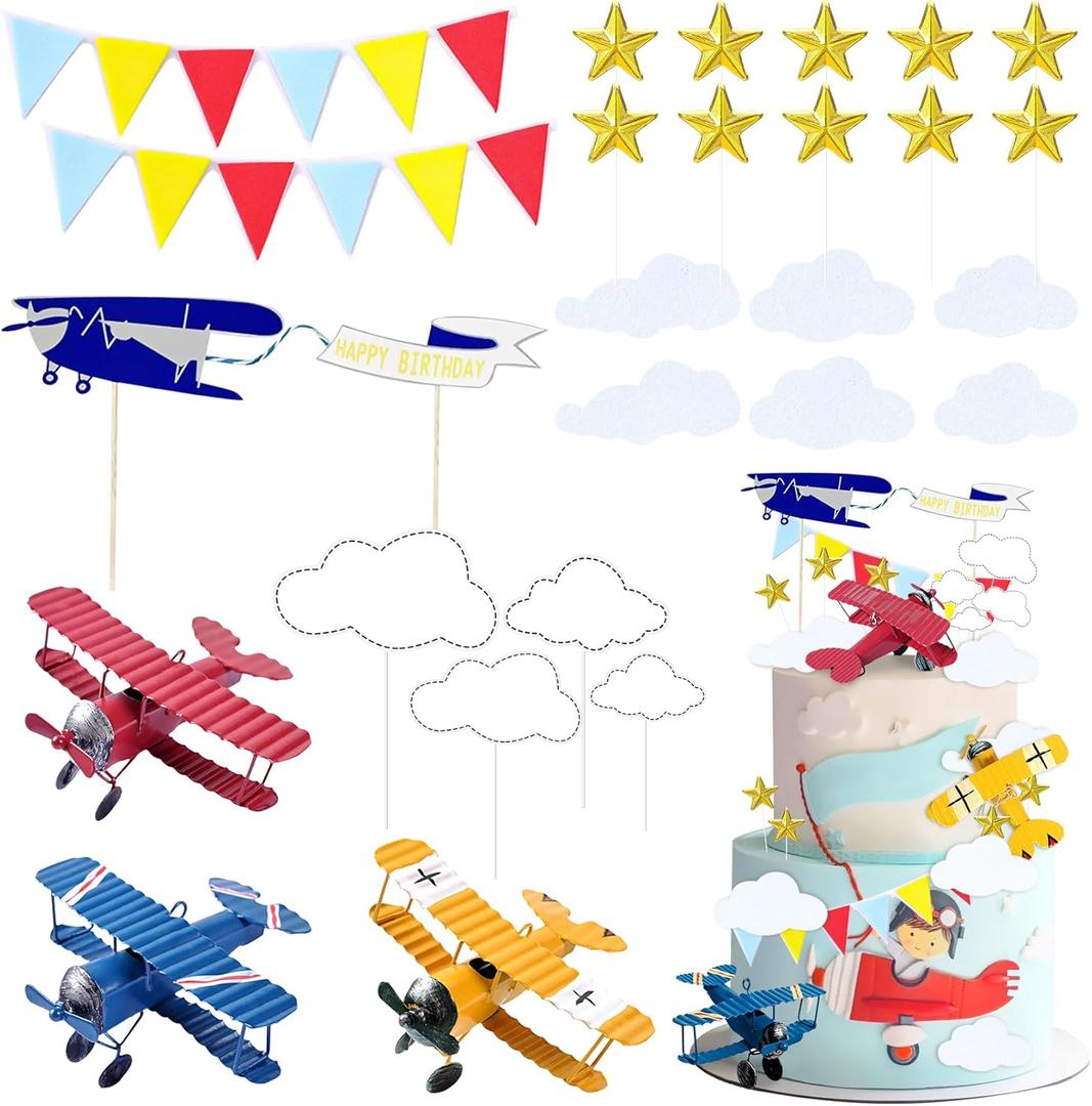26Pcs Airplane Cake Topper Airplane Figurine Cake Decorations Airplane Theme Happy Birthday Cake Decorations for Baby Shower Party Supplies