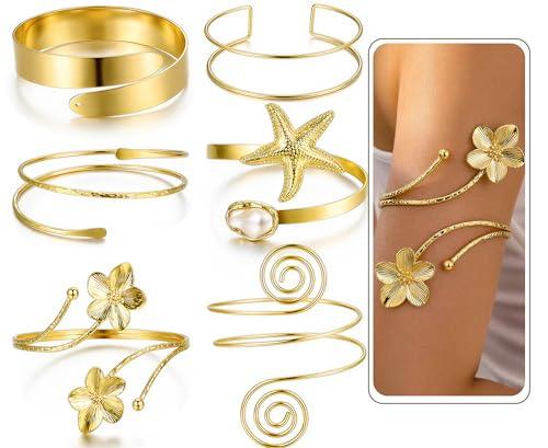 17KM 6PCS Gold Arm Cuff Bracelets for Women, Boho Statement Gold Upper Arm Bangle Band Armlet, Open Adjustable Cuff Bracelet set Stackable Jewelry