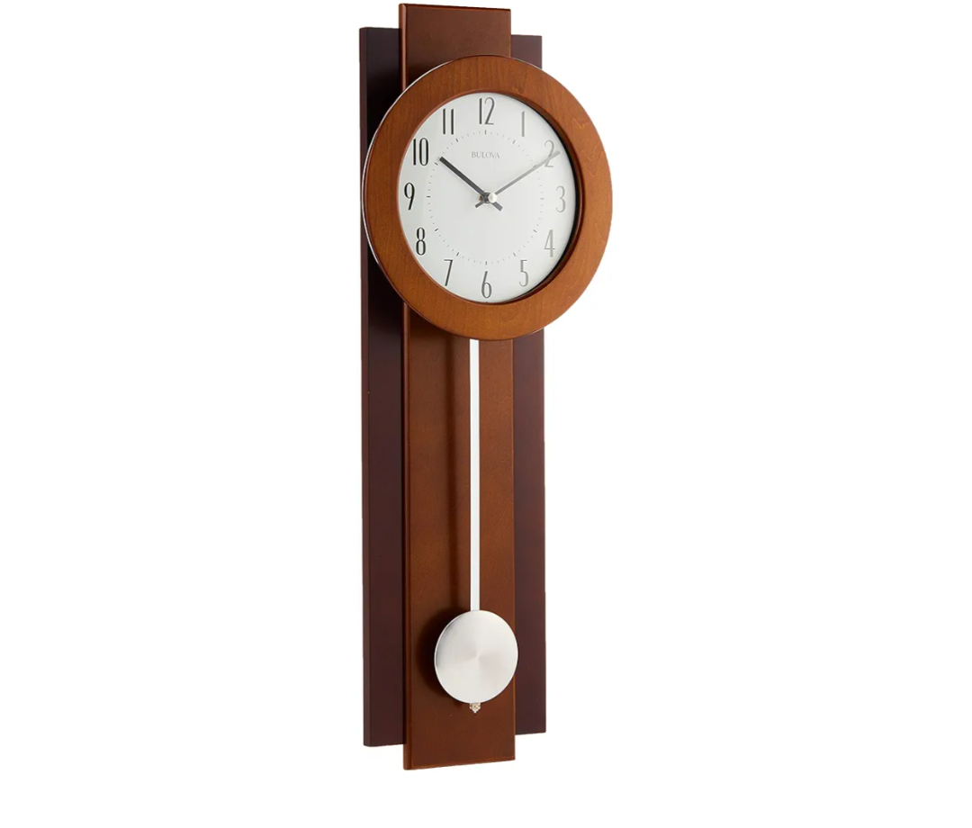 Bulova C3383 Avent Wall Clock | Two-Tone Wooden Case with Slow-Swing Pendulum | Arabic Numerals | Personalization Plate | 23.5" Height