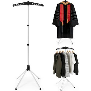 2 IN 1 T Shirt Display Stand, 32-63 inch Adjustable Cap and Gown Display Stand, Portable Hanging Black Metal Clothes Display, Hanger Rack for Clothing Dress Garment Coat Retail