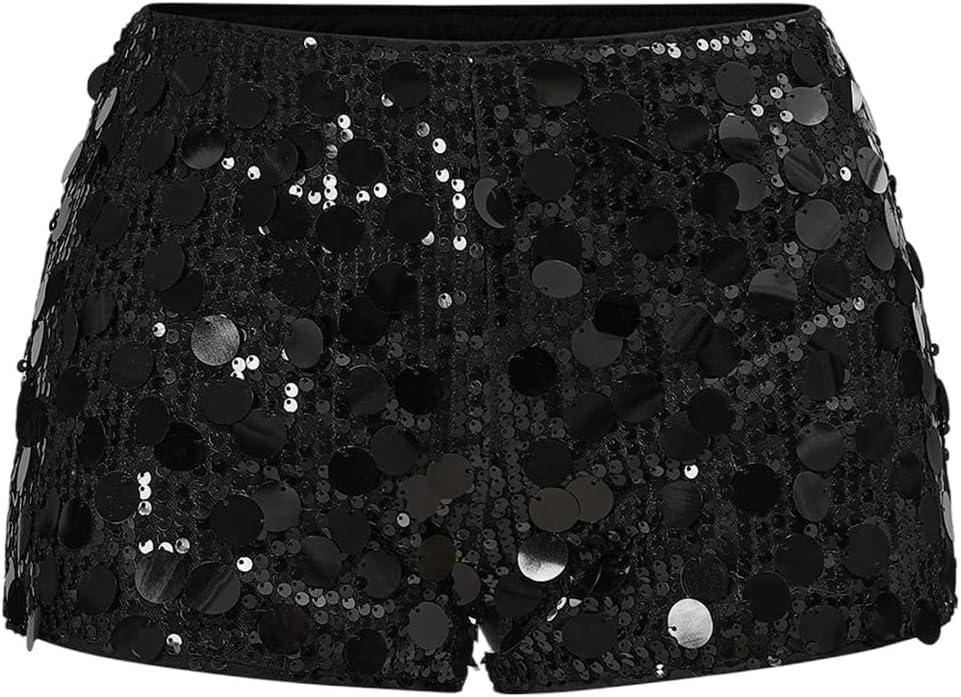 SOLY HUX Women's Sparkly Sequin Micro Shorts Y2k Low Rise Mini Booty Shorts Rave Clubwear (Plain Black)