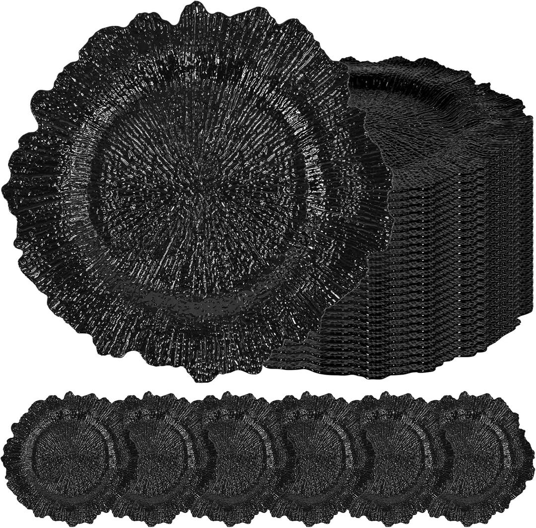 24 Pcs Black Charger Plates Bulk 13 Inch Plastic Charger Plates for Dinner Plate, Black Chargers for Table Setting, Reef Design Plate Floral Decorative Round Chargers for Wedding Party, Event