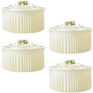 GALLETY 4 Pack Ivory Round Tablecloth for 5FT Round Tables, 120 inch Fitted Spandex Table Cloth with Skirt, Wrinkle Free & Stain Resistant Stretchy Table Cover for Birthday, Anniversary & Picnic