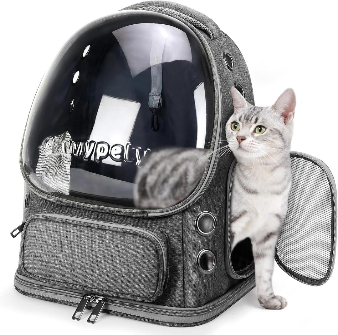 Cawypety Cat Backpack Carrier, Breathable Cat Carrier Large Space Bubble Pet Backpack for Kitty Small Dog up to 12lbs, Transparent & Foldable Pet Carrier for Travel Hiking (Black