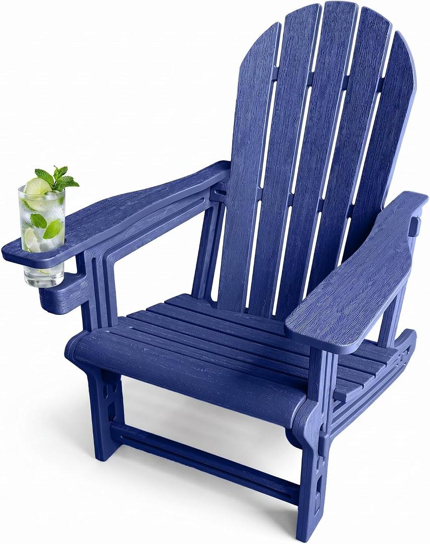 Adirondack Chair with Cup Holder,Tool-Free Assembly,No Screws Needed,All-Weather HDPE Plastic Outdoor Patio Chair,Wood-Grain Slatted Look,Easy to Take Apart for Storage,Fire Pit Chairs（Navy blue）