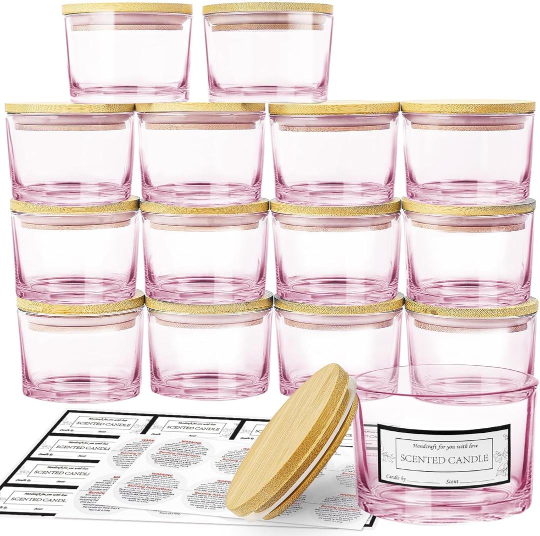 CONNOO 15 Pack 4 OZ Pink Glass Candle Jars with Airtight Bamboo Lids for Making Candles, Bulk Small Wide Mouth Empty Candle Containers with Sticky Warning Labels - Dishwasher Safe