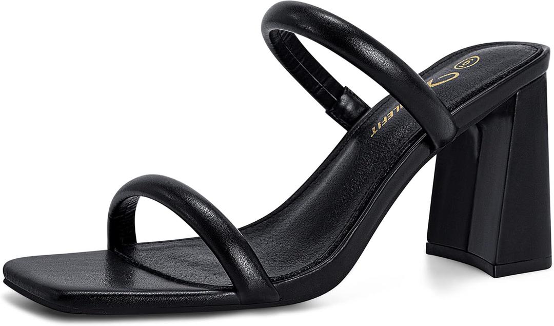 Athlefit Women's Square Open Toe Two Strap Heeled Sandals Slip On Block Chunky Black Heels Sandals Size 8.5