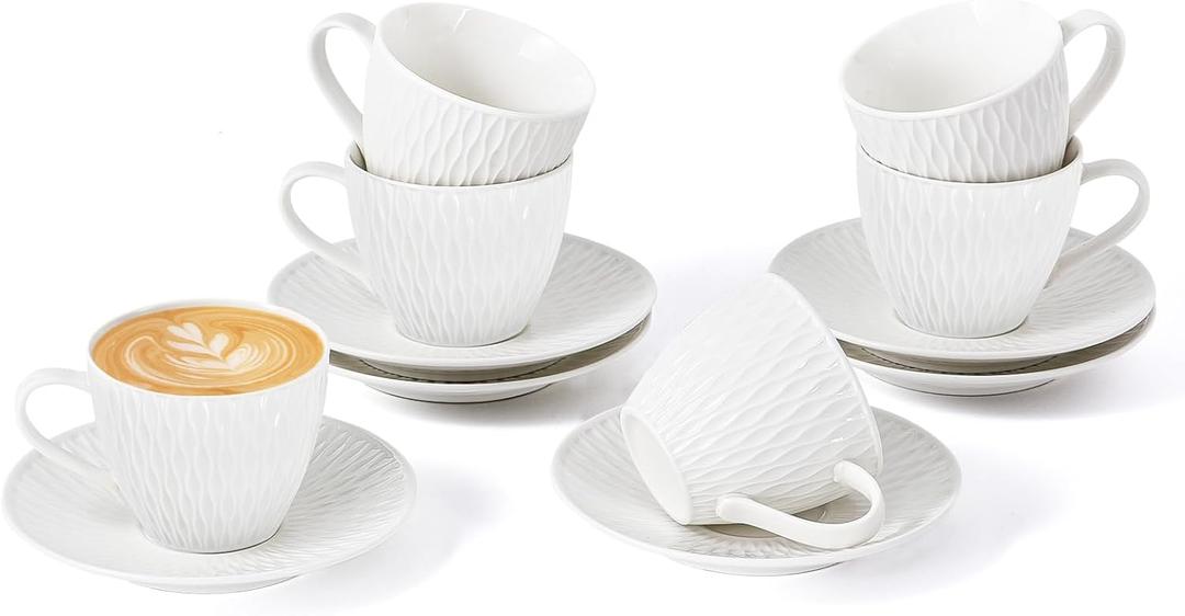 Espresso Cup and Saucer Set of 6, 6 oz Ceramic Cappuccino Barista Cup with Saucer, Stackable Coffee Mugs for Demitasse, Au Lait, Latte, Cafe Mocha, Tea, Birthday Day Thanksgiving Christmas Gift, White (Waves)