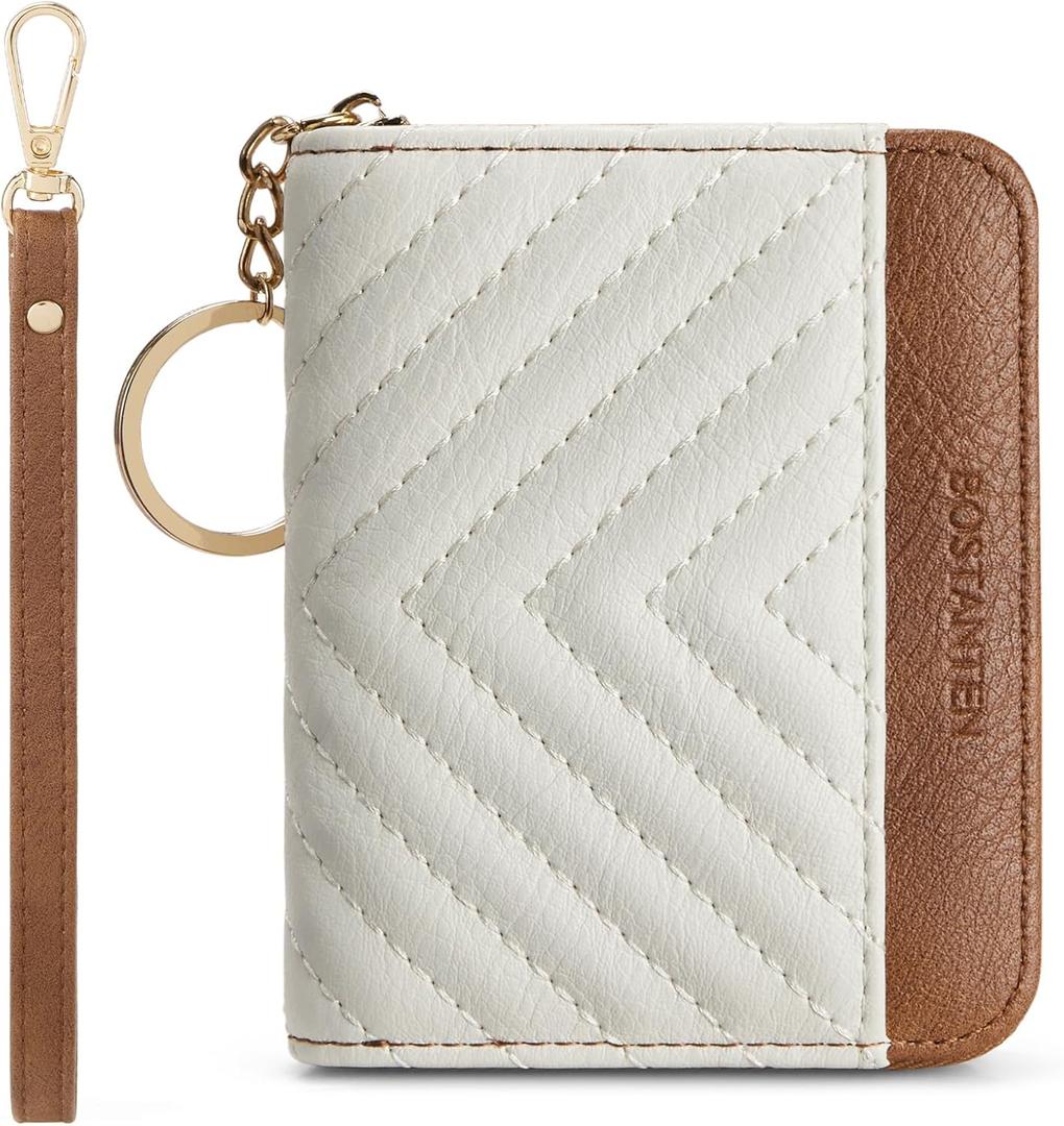 BOSTANTEN Credit Card Holder Wallet RFID Blocking Leather Small Wallet for Women Zipper Keychain Wallet with Wristlet BeigeBrown