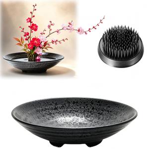 6.7inch Japanese Ikebana Vase Kit Floral Frog Bowl Flower Container with Kenzan - 1.57inch Black Flower Frog, 6.7inch Bowl Vase