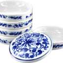 QWORK 5-Layer Ceramic Mixing Trays Set, Round Porcelain Watercolor Palettes and Sauce Dishes with Blue Patterns, Ideal for Art Lovers and Jewelry Storage