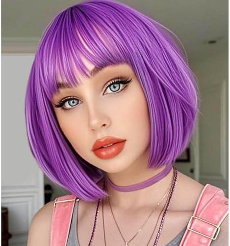 YOUNIGA Purple Bob Wig With Bangs 12 Inch Short Synthetic Fiber Bob Wigs for Women Short Bob Wigs and Halloween Cosplay Wig With One Cap (Purple)