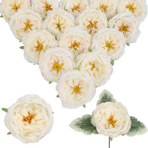 16Pcs White Artificial Austin Rose Peonies Flowers with Stem Realistic Fake Silk Peonies Head Bulks Faux Roses for DIY Wedding Centerpieces Baby Shower Party Home Floral Decoration (Creamy White)
