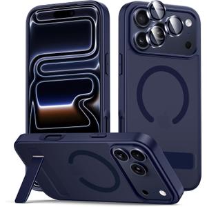 Stand for iPhone 17 Pro Max Magnetic Case, Compatible with MagSafe, Built-in Kickstand, Camera Lens Protector, Translucent Matte Slim Silicone Shockproof Hard Back Phone Cover, Blue
