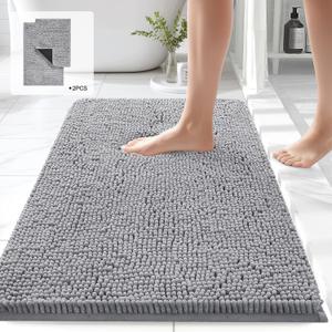 Chenille Bathroom Rugs Sets 2 Piece, Thick Plush Bath Rugs Non Slip Washable, Tub and Shower Soft Microfiber Bathroom Floor Mat, 32x20 Plus 24x17 Inches Grey (20"x31"+17"x24")