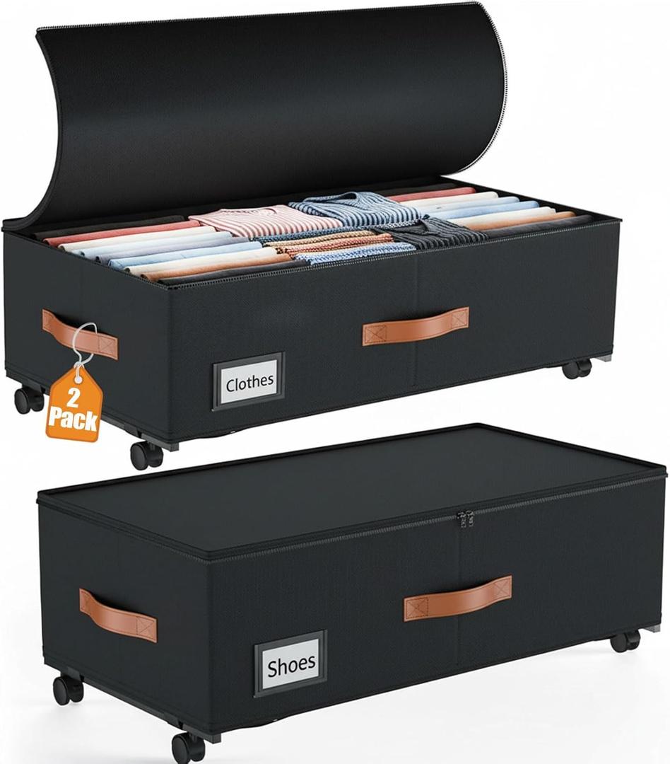 KITREPAION Under Bed Storage with Wheels, 2Pack Larger Underbed Storage Containers with Interior Pocket & Labels, Rolling Under The Bed Drawers for Clothes Shoes Blankets, 9.5" Height Storage Bins