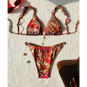 RoseSeek Women's 2 Piece Floral Tropical Print Bikini Set Boho Triangle Bathing Suit Tie Backless Swimsuit Sets Leopard Red, Medium