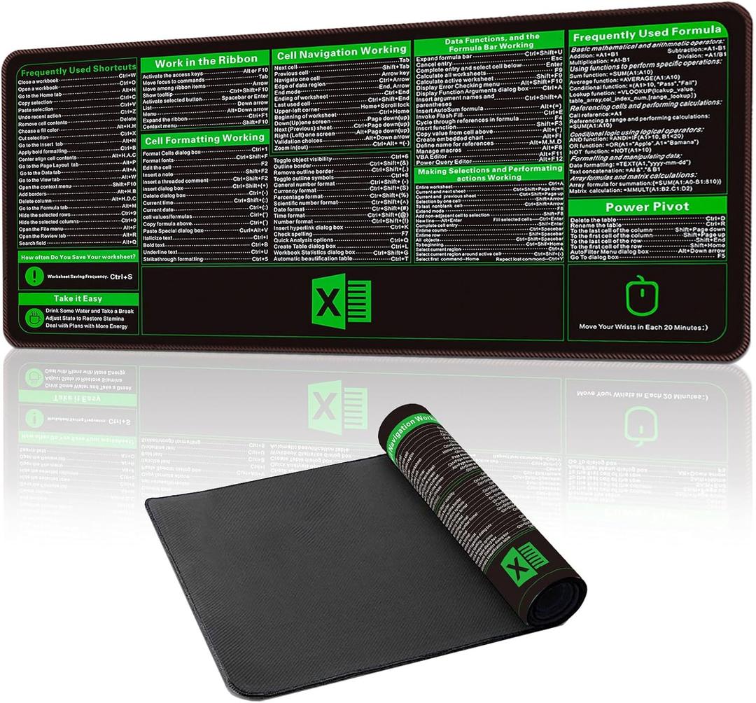 Excel Cheat Sheet Desk Pad,Excel Shortcuts Mousepad,35.4x15.7Extra-Large Waterproof Stitched Edges and Non-Slip Office Desk Mat Keyboard Pad,