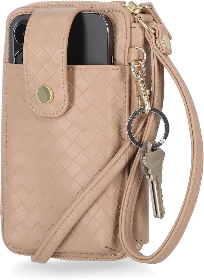 Mundi Jacqui RFID Crossbody Wallet for Women, Vegan Leather Small Travel Handbag with Phone Holder, Compact Organizer with Card Slots and Adjustable Strap, Vacation Purse in Taupe