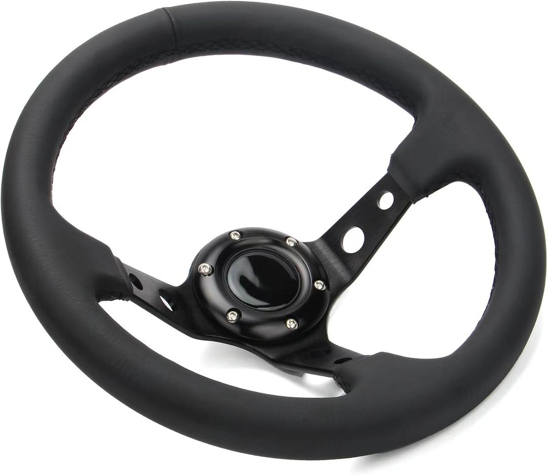 Universal 6 Bolts Racing Steering Wheel 320mm 12.5" Black Genuine Leather Grip Aluminum Frame Deep Dish Sports Drifting Steering Wheel with Horn Button