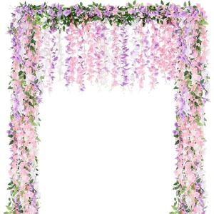 Thiccywoov 4pcs Wisteria Artificial Flowers Garland, 7.2Ft/Piece Wisteria Hanging Flowers Garland for Wedding Arch Decoration Outdoor Ceremony Home Backdrop Garden (Light Purple,White,Light Pink)