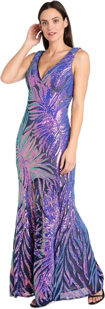 R&M Richards Women's Sequin Feather Pattern Fitted Dress W/V-Neckline & Godet Skirt | Evening Party Cocktail Wedding Guest (Navy/Violet) 18Plus