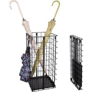 Umbrella Stand, Umbrella Holder for Entryway, Large Metal Foldable Umbrella Rack Organizer Freestanding, with Water Tray and Hooks, Rectangular Hollow Rack 9.5 x 9.5 x 19.7 Inches (Black)