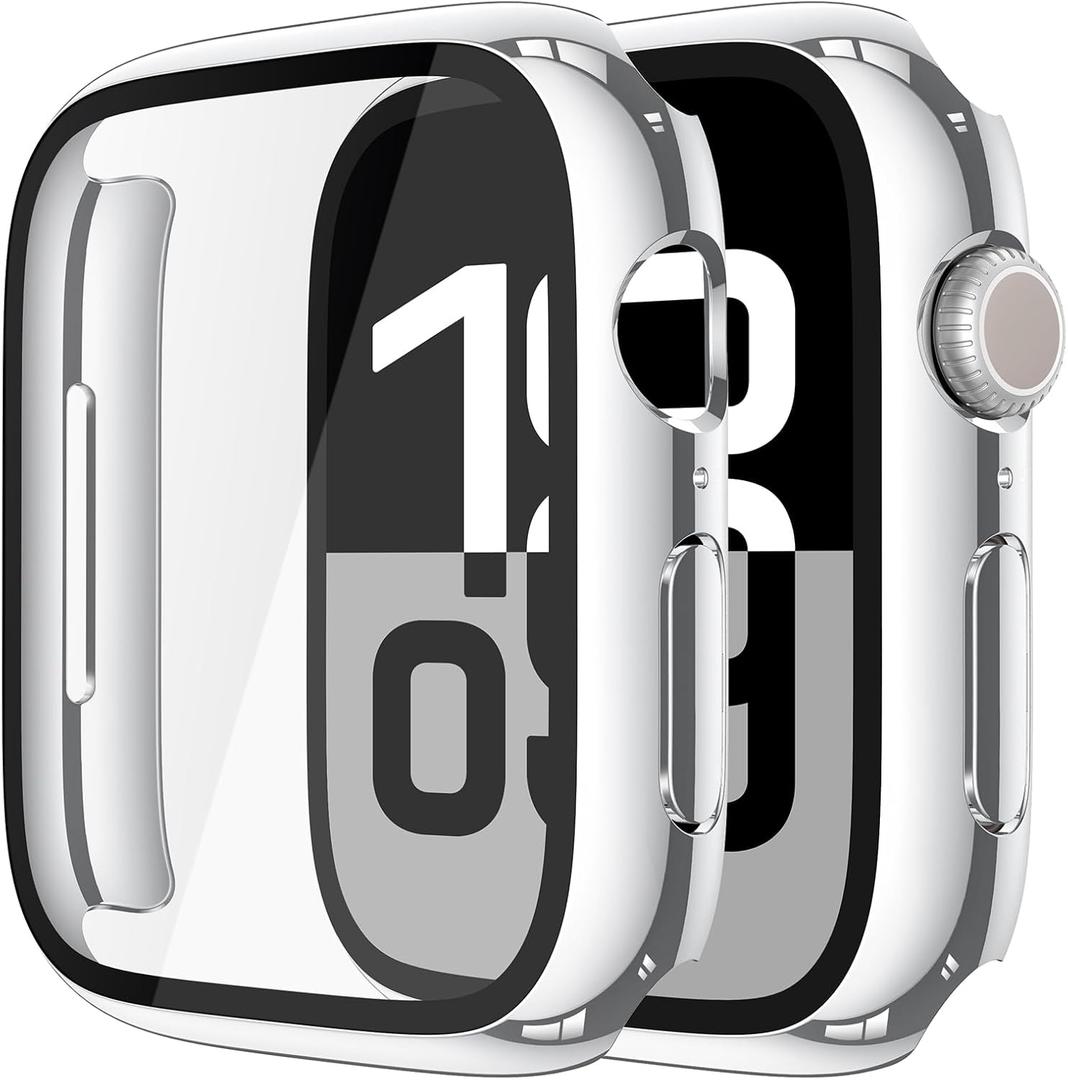 Misxi 2 Pack Tempered Glass Case Compatible for Apple Watch Series 11 (2025) Series 10 46mm, Hard PC Screen Protector Overall Protection Scratch-Resistant Cover for iWatch, 1 Silver + 1 Transparent