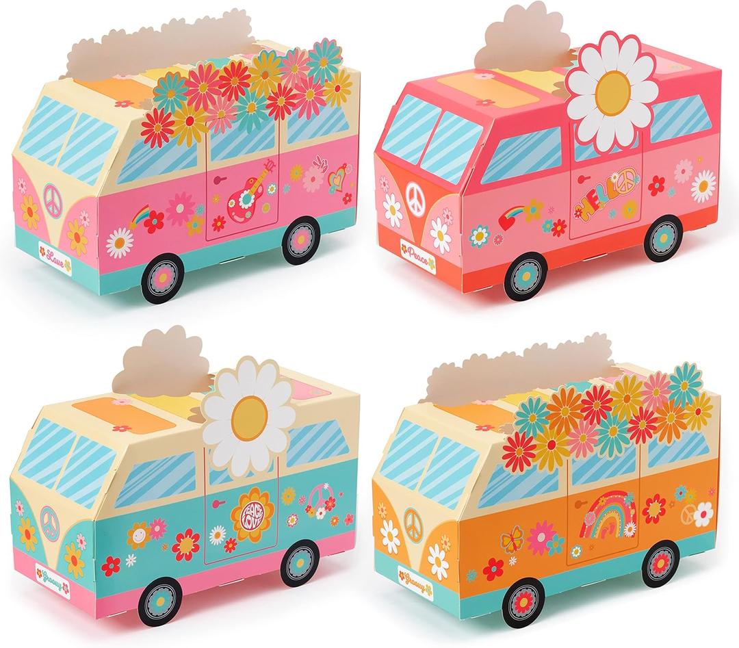 ANGOLIO 12Pcs Groovy Party Favor Boxes Groovy Hippie Peace Bus Centerpiece Birthday Party Decorations Peace Signs Daisies Rainbows for Baby Girls Kids Boho Hippie Birthday Decoration Supplies