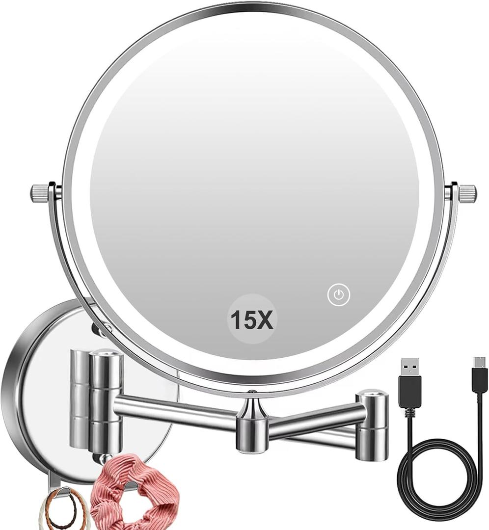 WallMounted LED Makeup Mirror 1/15 Magnifying  USB Rechargeable, 3Color TouchDim Light, 360 Swivel 8 Double Sided, 2000mAh Battery, Ideal for Hotel & Bathroom (Silver)