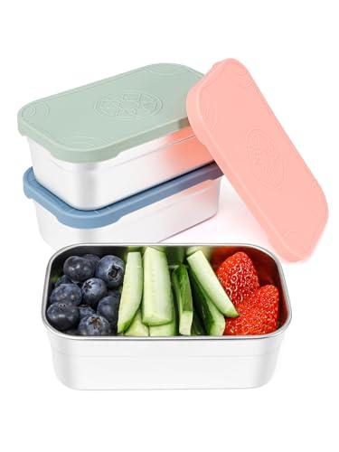 3-Pack 15oz Large Stainless Steel Snack Containers with Silicone Lids - Reusable Small Food Storage Containers for Snacks, Fruit and Meal Prep, Leak-Proof, Easy Open & BPA-Free (440ML)