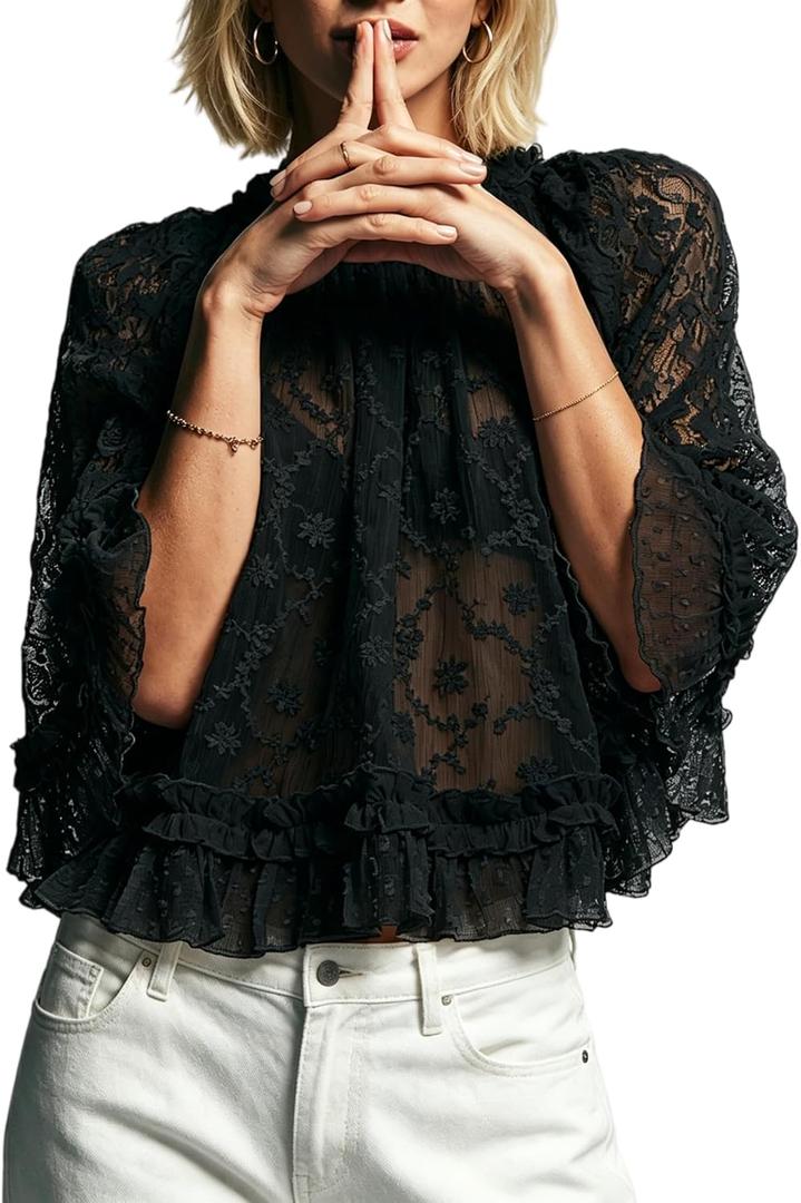 Women Lace Cape Flowy Top Ruffle Trim See Through Sheer Poncho Top Cover Up Sexy Blouses Batwing Tops, Large