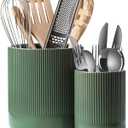 LE TAUCI Utensil Holder for Kitchen Counter, 7.3"+5.4" Fluted Ceramic Utensil Crock Organizer for Countertop, Heavy Large Holder for Spatulas, Spoons, Set of 2, Forest Green