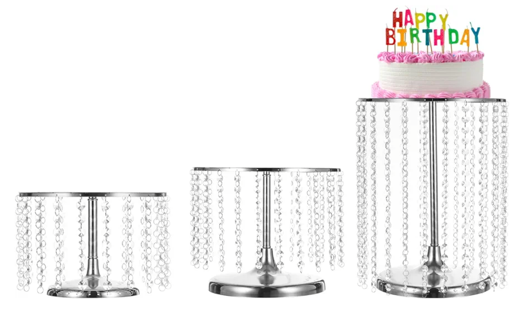 3pcs Metal Cake Stand with Crystal Bling Pendants, Round Dessert Cupcake Display Plate for Wedding Event Birthday Party Dessert Table, Silver