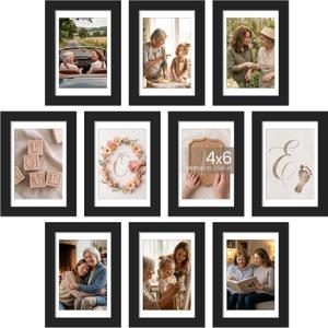 upsimples 4x6 Picture Frame Set of 10, Display Pictures 3.5x5 with Mat or 4x6 Without, Multi Photo Frames Collage for Wall or Tabletop Display, Black