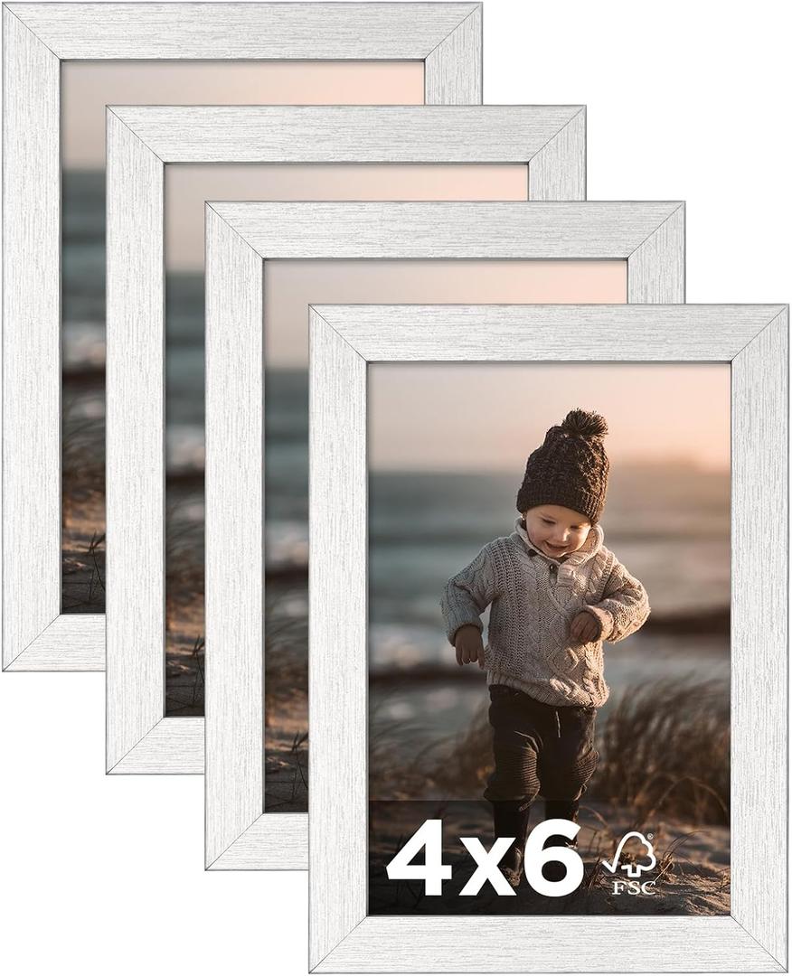 KINLINK 4x6 Picture Frame Silver Set of 4, Wooden Photo Frames with Plexiglass for 4x6 without Mat for Table and Wall Display