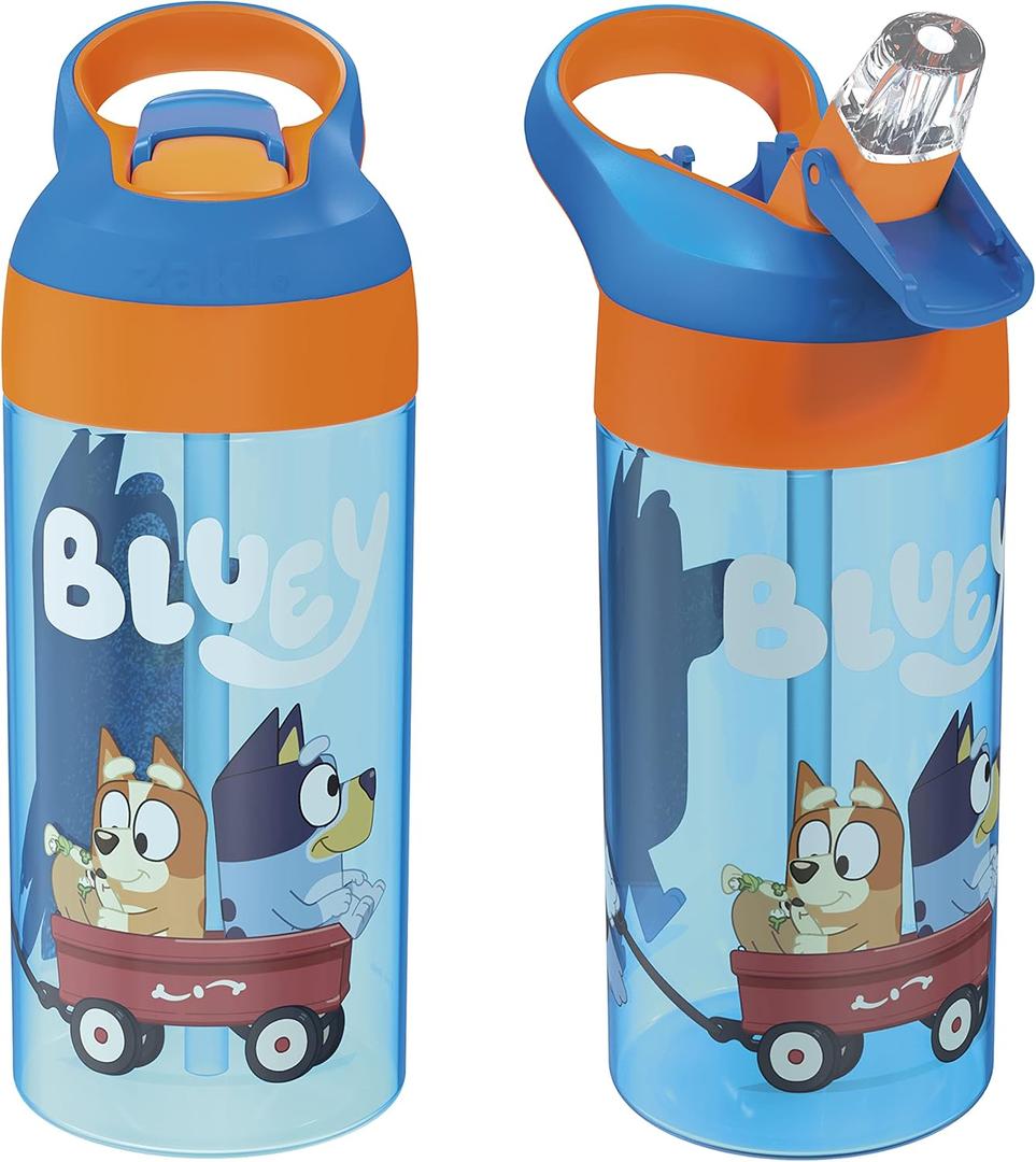 Zak Designs 17.5 oz Riverside Bluey Kids Water Bottle with Straw and Built in Carrying Loop Made of Durable Plastic, Leak-Proof Design for Travel, 2PK Set