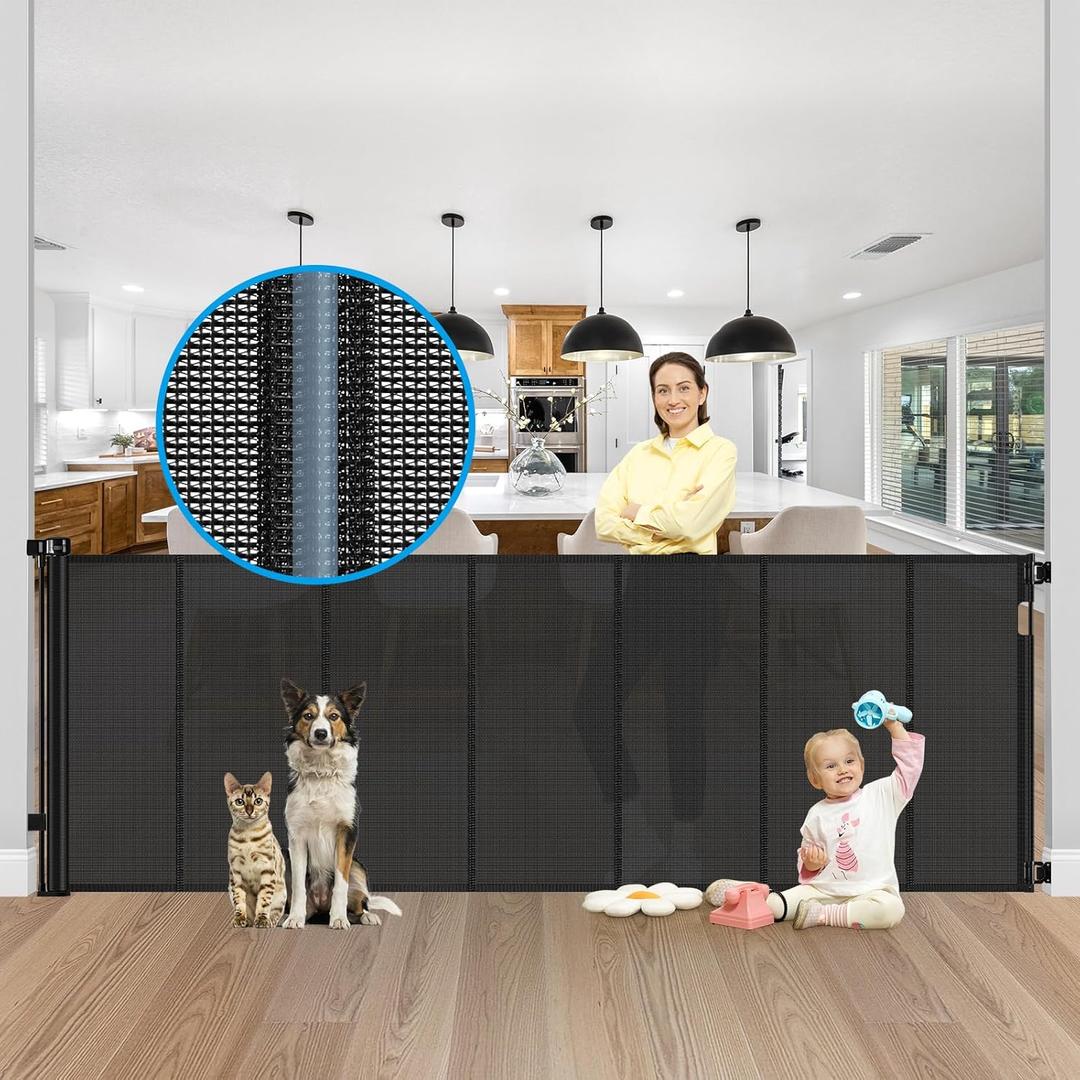 Reinforced Bottom 42" Extra Tall x 100" Extra Wide Retractable Baby/Pet Gate - Black Mesh - Wall Mount - Suitable for Babies, Dogs, Cats (6-24 months) - HH-A126