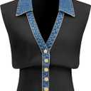 Womens Denim Trim Sweater Vest Sleeveless V Collar Crop Tank Top Knit Loose Pullover Outfit (Black, S)