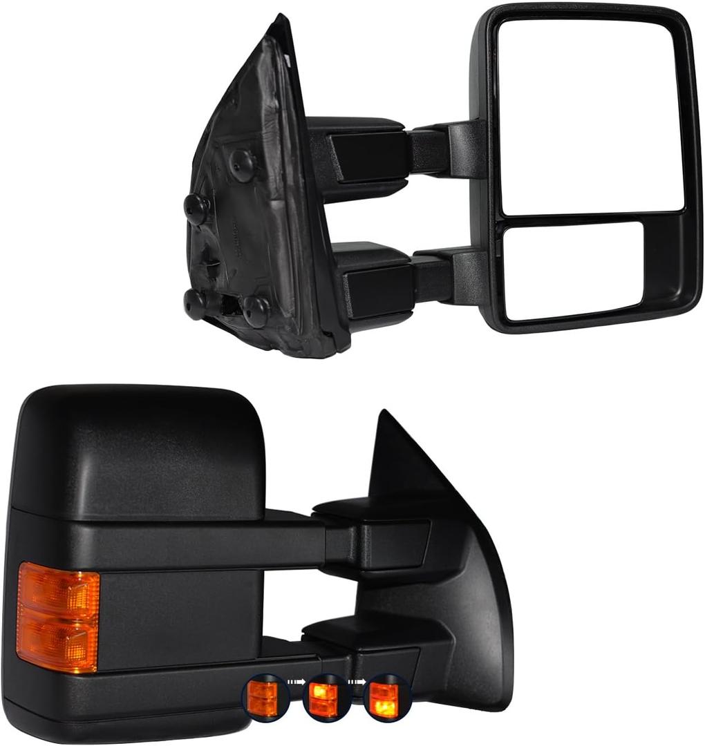 AERDM Towing Mirrors Compatible with 1999-2016 Ford F250 F350 F450 F550 Super Duty Side Mirrors with Amber Turn signal Light Maually Adjustable glass Telescoping Pair Set Black LH RH