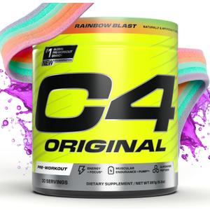 C4 Original Pre Workout Powder Sugar Free for Men & Women 200mg Caffeine + CarnoSyn Beta-Alanine + Creatine + AI Peptides - Rainbow Blast, 30 Servings (9.2 Ounce (Pack of 1) Best By 06/2026