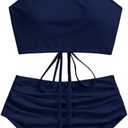 ZAFUL Women's Ruched High Waisted Tankini Swimsuit Criss Cross Bikini Set Tummy Control Bathing Suit (Large, Dark Blue-2023)