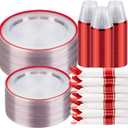 350PCS Clear & Red Disposable Party Set for 50 Guests - 100 Plates, 50 Cups, 50 Napkins & Plastic Cutlery