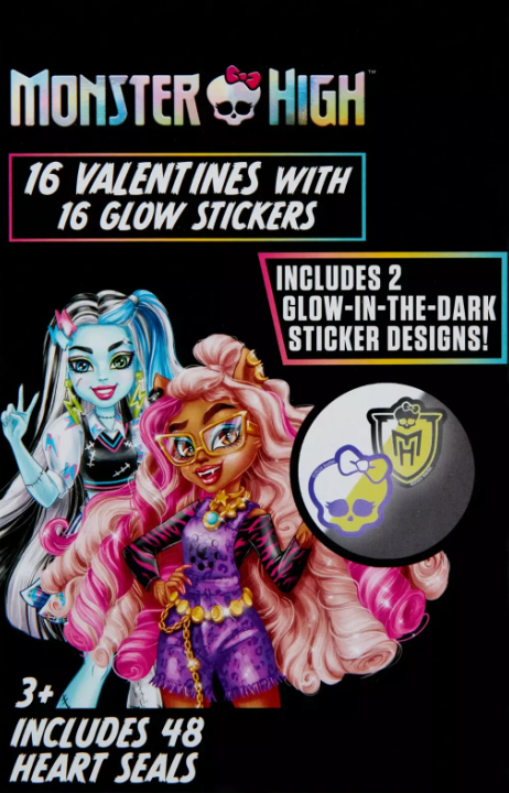 16x Monster High Valentine Exchange Cards w/ Glow-In-The-Dark Stickers & Seals 2-Pack