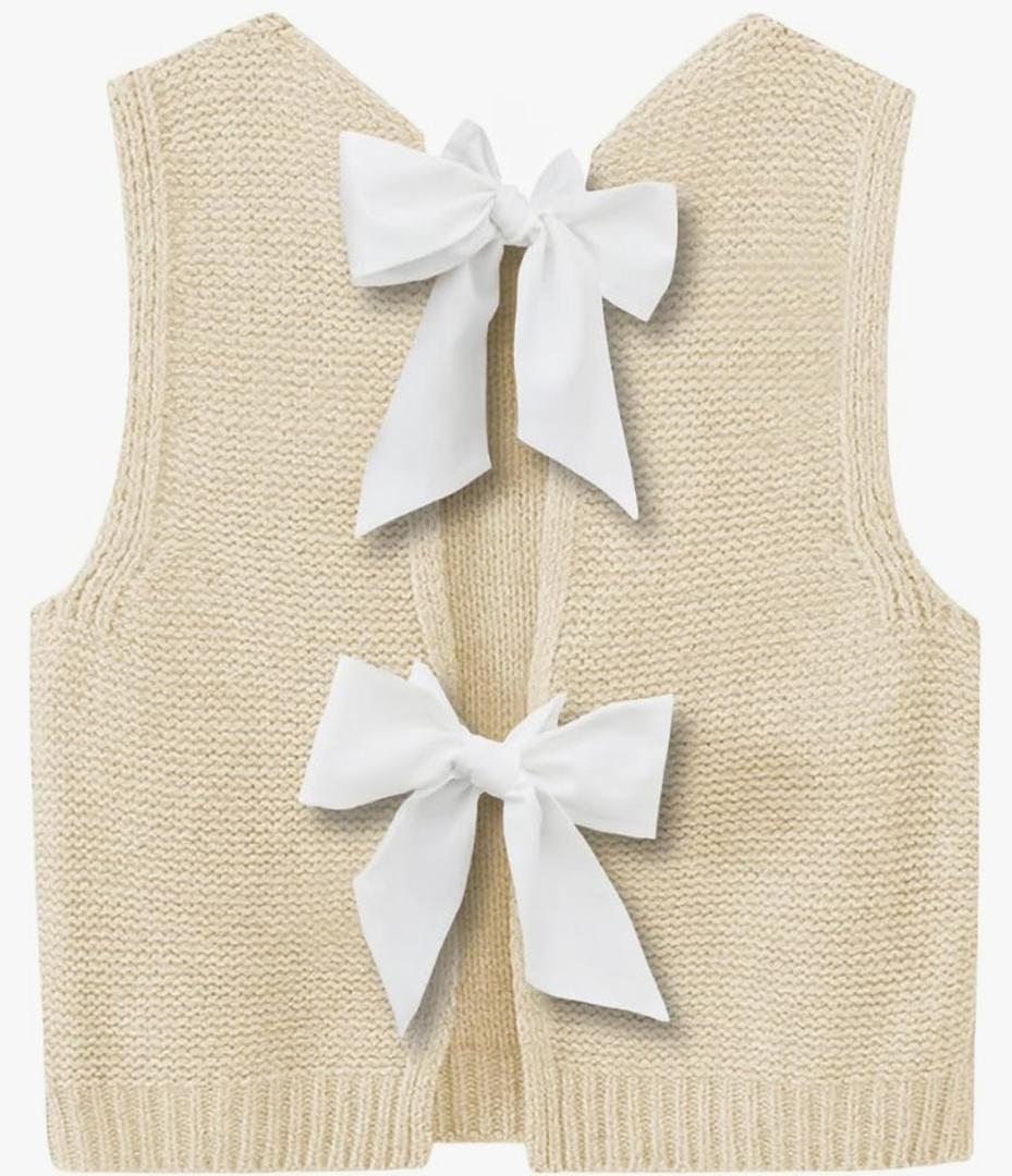 Imily Bela Womens Sweater Vest Top Summer Bow Tie Back Sleeveless Casual Knit Crop Tank Tops L