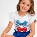 Axumity Toddler Girl 2-Piece Summer Outfit Cherry Ruffle Sleeve T-Shirt & Bow Elastic Waist Shorts Set for Kids Casual Wear Size 6-7